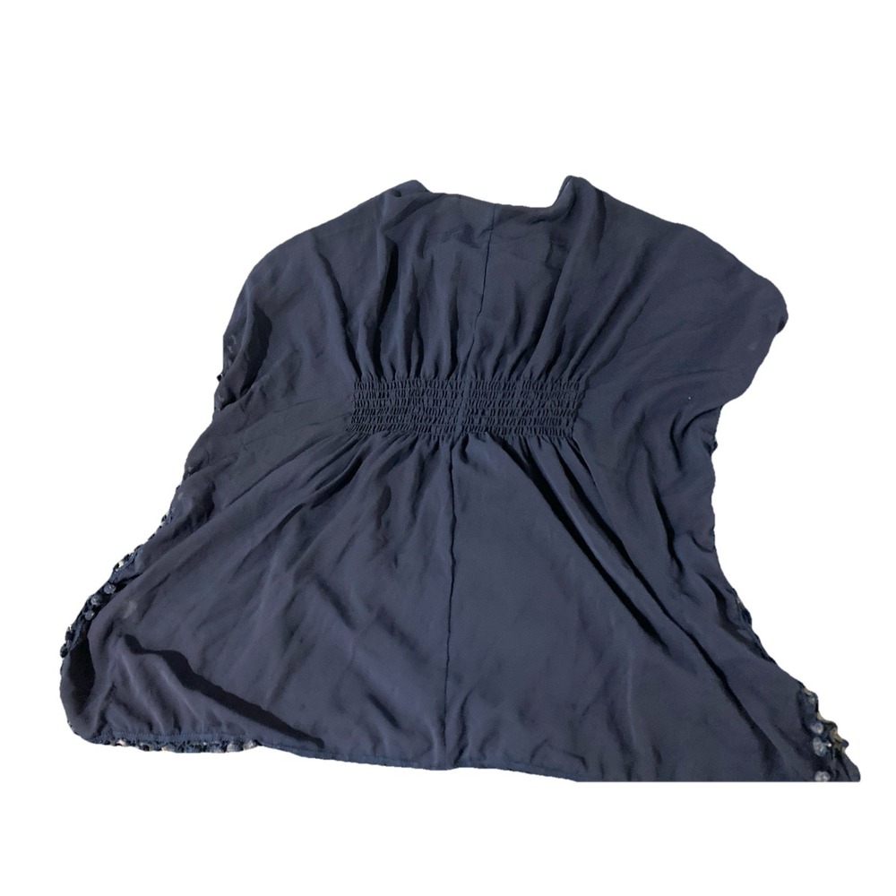 Navy Blue Boho Kimono Cover Up Pom Pom Trim Sheer Smocked Waist One Size - Picture 5 of 7